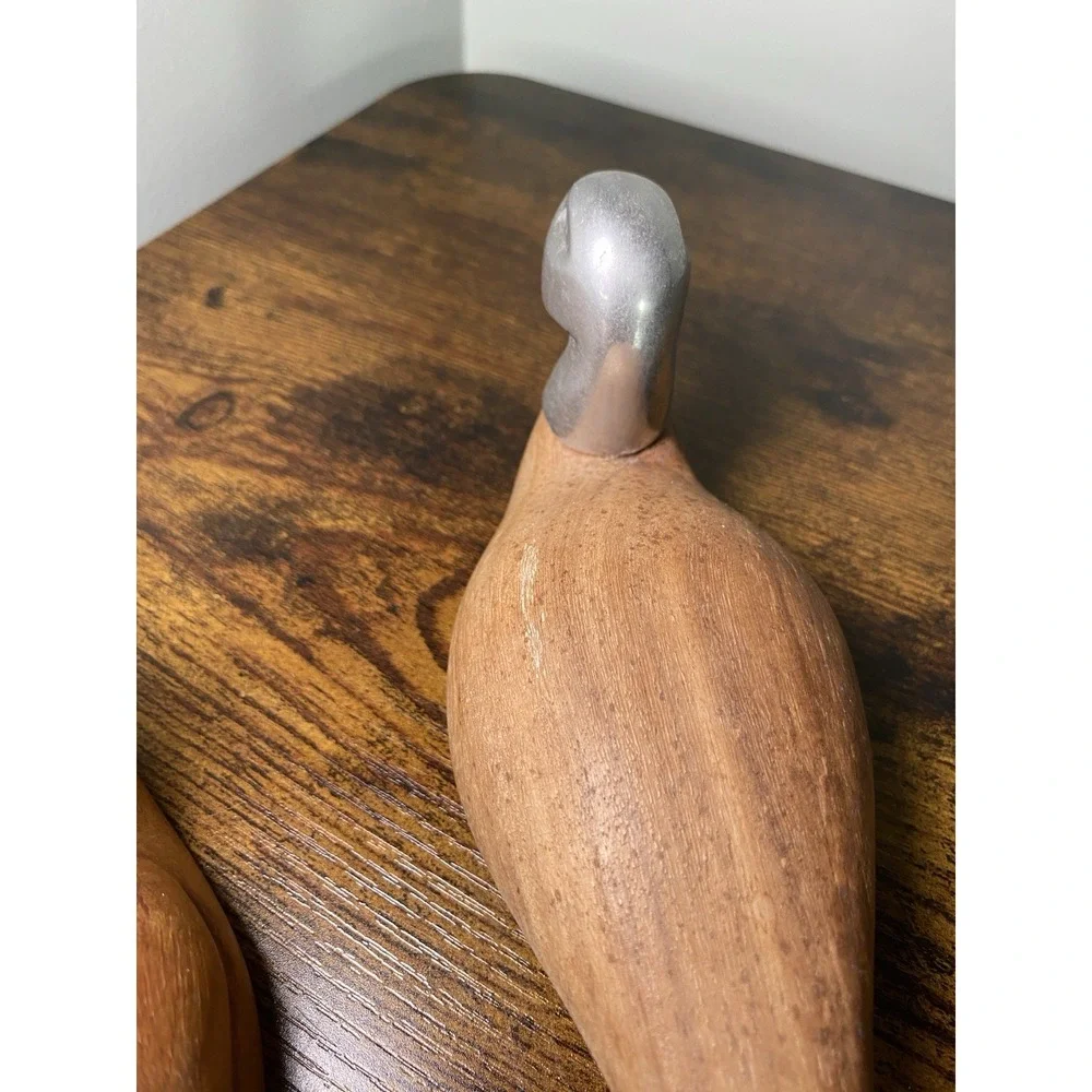 Vintage Wooden Ducks with Silver Stainless Steel Tone Metal Head